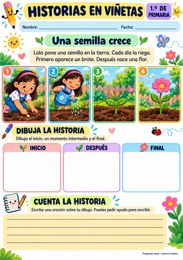 Ficha de historias en viñetas para 1.º grado, “Una semilla crece”: viñetas numeradas, espacio para dibujar inicio, después y final, y líneas para contar la historia.