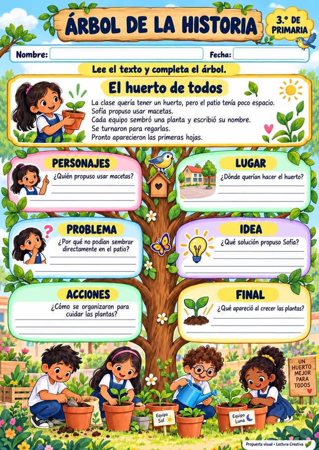 Ficha de árbol de la historia para 3.º grado, “El huerto de todos”: árbol ilustrado para completar personajes, lugar, problema, idea, acciones y final.