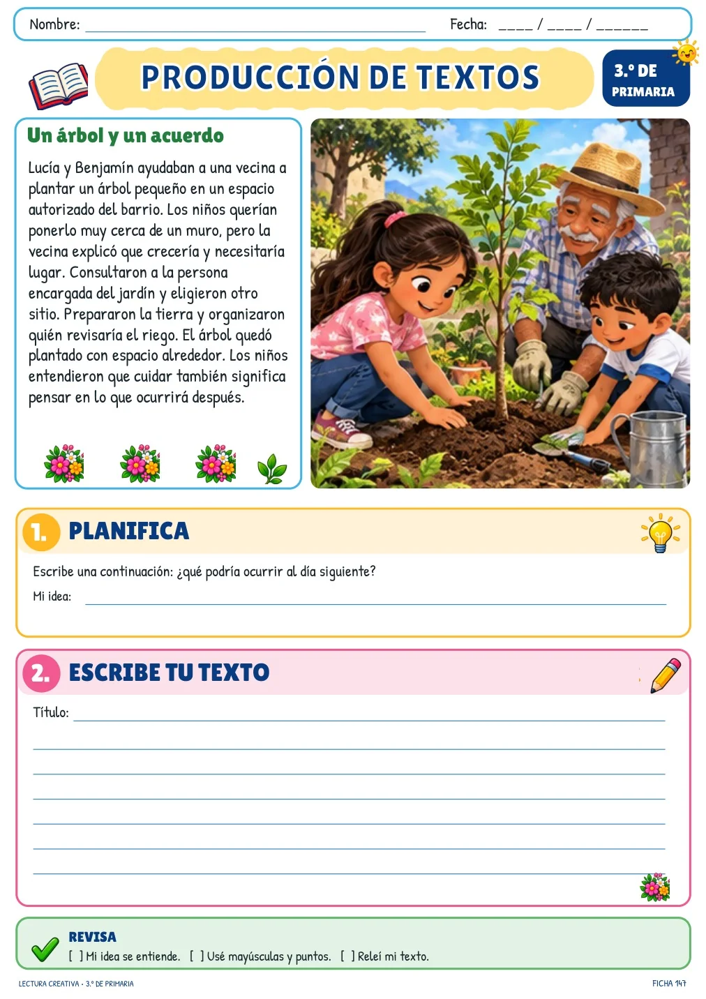 Ficha de producción de textos para 3.º grado, “Un árbol y un acuerdo”: texto con ilustración, espacio para planificar una continuación, escribir el texto y una lista para revisar.