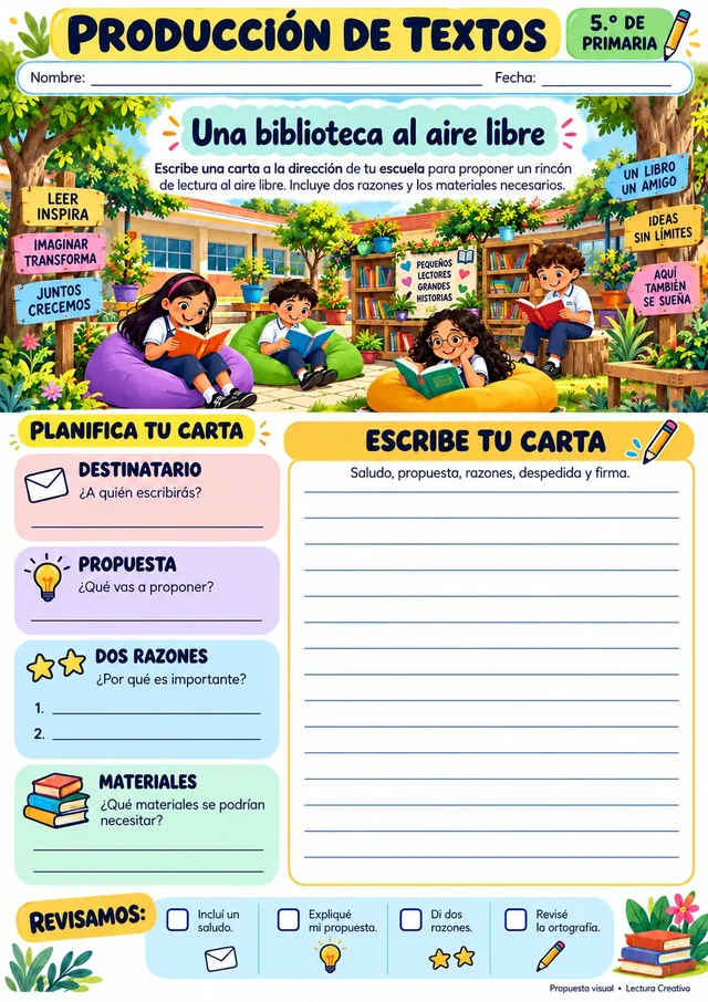 Ficha de producción de textos para 5.º grado, “Una biblioteca al aire libre”: planificación y escritura de una carta con lista de revisión.