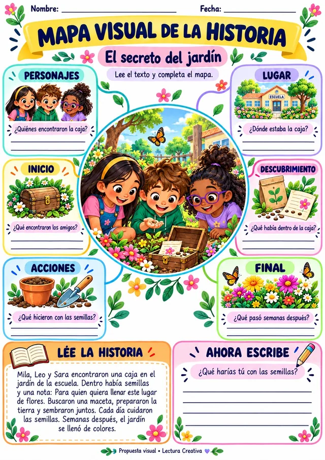 Ficha de mapa de la historia para 2.º grado, “El secreto del jardín”: mapa visual con personajes, lugar, inicio, descubrimiento, acciones y final.