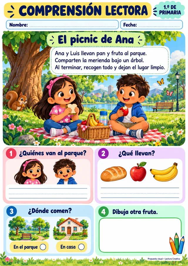 Ficha de comprensión lectora para 1.º grado, “El picnic de Ana”: lectura ilustrada con preguntas de respuesta corta y dibujo.