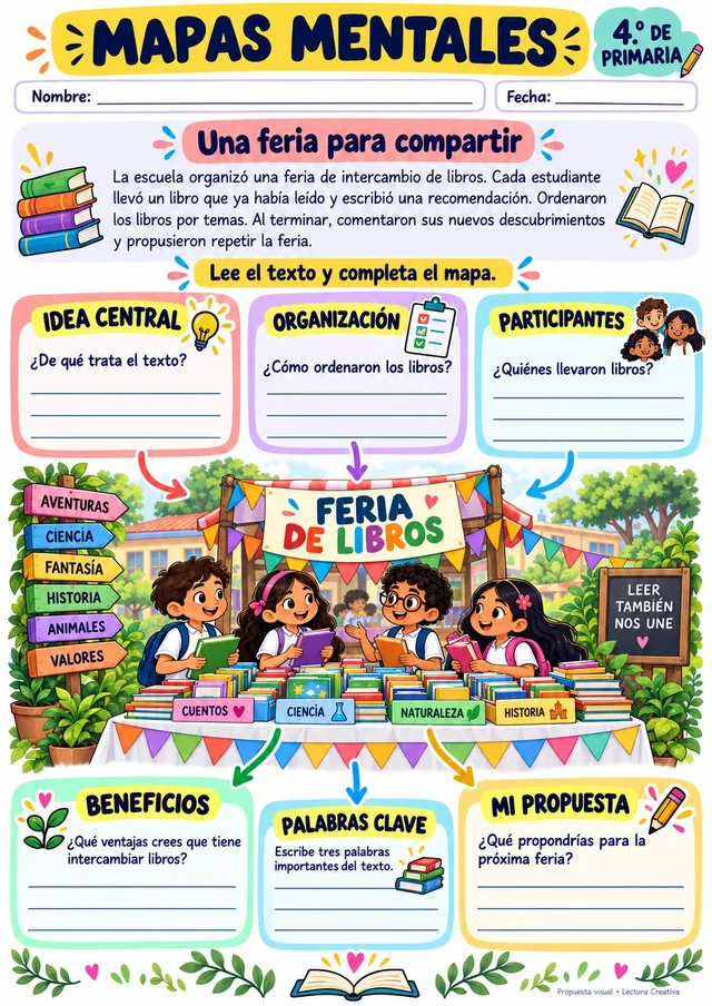 Ficha de mapa mental para 4.º grado, “Una feria para compartir”: mapa mental con idea central, organización, participantes, beneficios, palabras clave y propuesta.