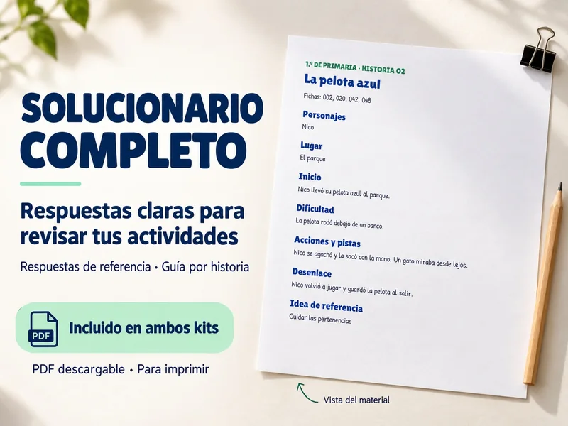 Ilustración del material: página del solucionario con respuestas de referencia de la historia “La pelota azul”, ordenadas por personajes, lugar, inicio, dificultad, acciones, desenlace e idea de referencia.