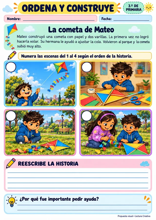 Ficha de ordena y construye para 3.º grado, “La cometa de Mateo”: cuatro escenas para numerar en orden y líneas para reescribir la historia.