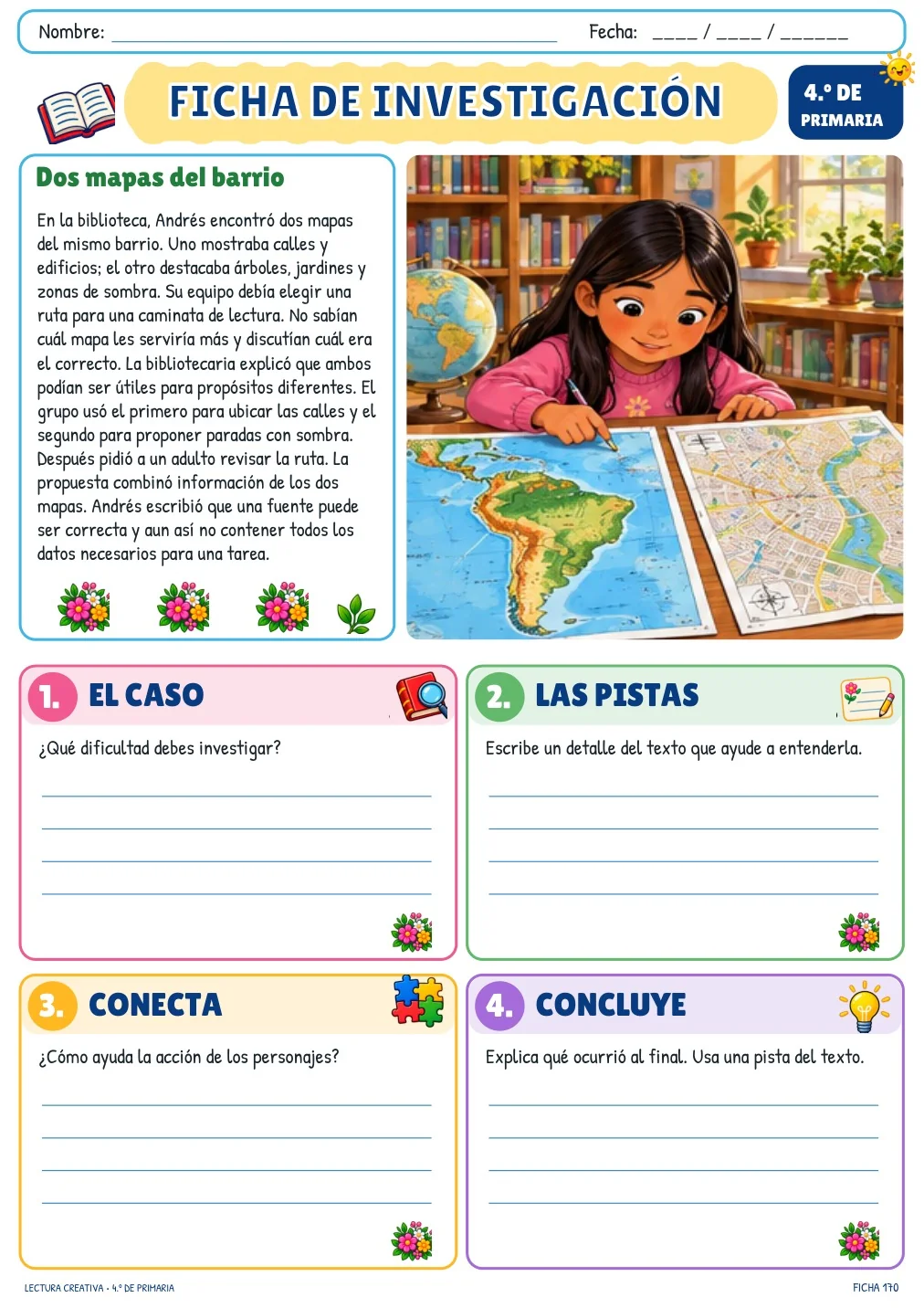 Ficha de investigación para 4.º grado, “Dos mapas del barrio”: texto con ilustración y cuatro apartados: el caso, las pistas, conecta y concluye.