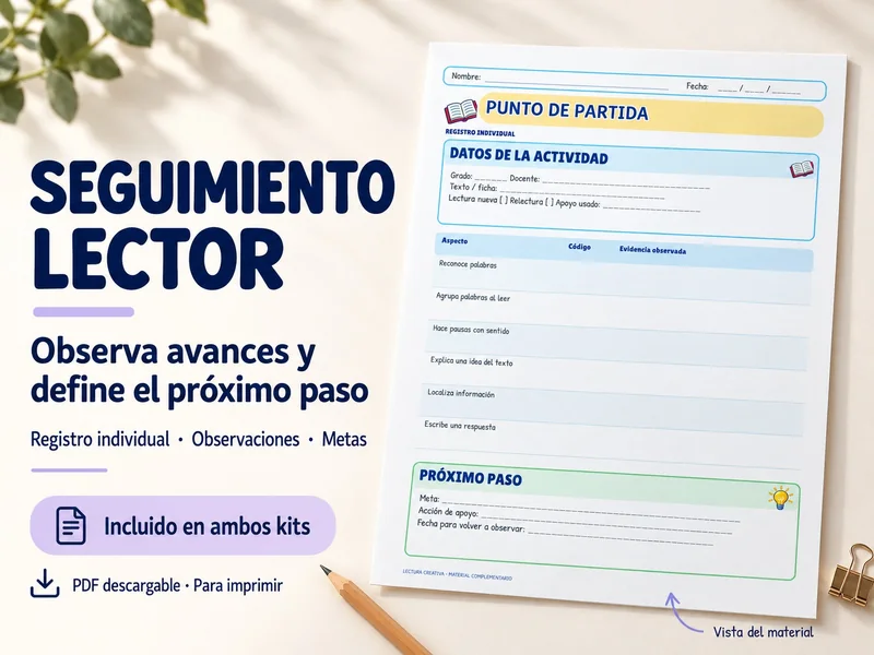 Ilustración del material: ficha de seguimiento lector, registro individual con datos de la actividad, aspectos de lectura con evidencia observada y un apartado de próximo paso.