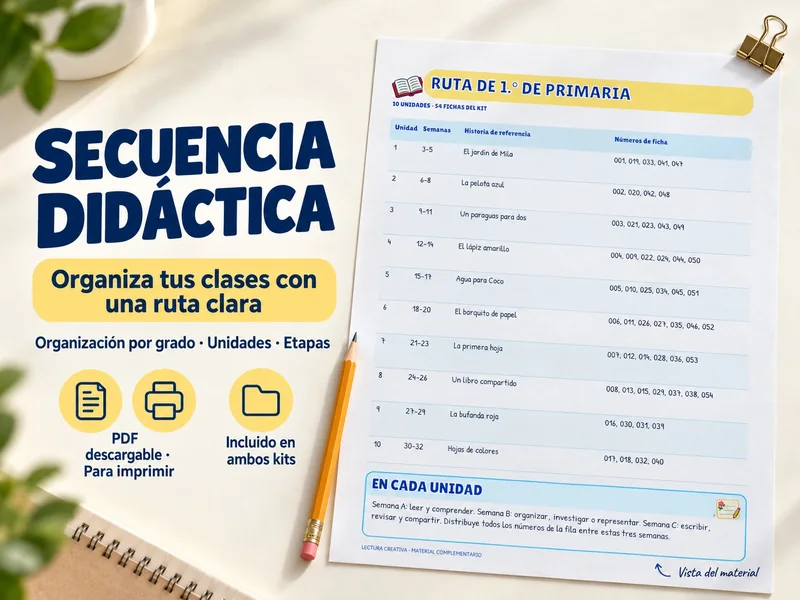 Ilustración del material: secuencia didáctica, tabla con la ruta de 1.º de primaria por unidades, semanas, historia de referencia y números de ficha.