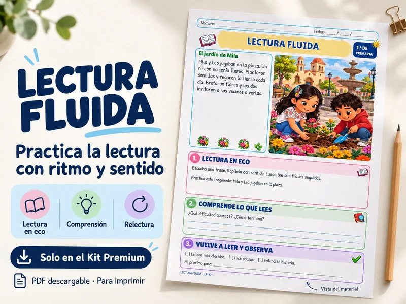 Ilustración del material: ficha de lectura fluida de 1.º grado con el texto “El jardín de Mila” y tres apartados: lectura en eco, comprende lo que lees y vuelve a leer y observa.
