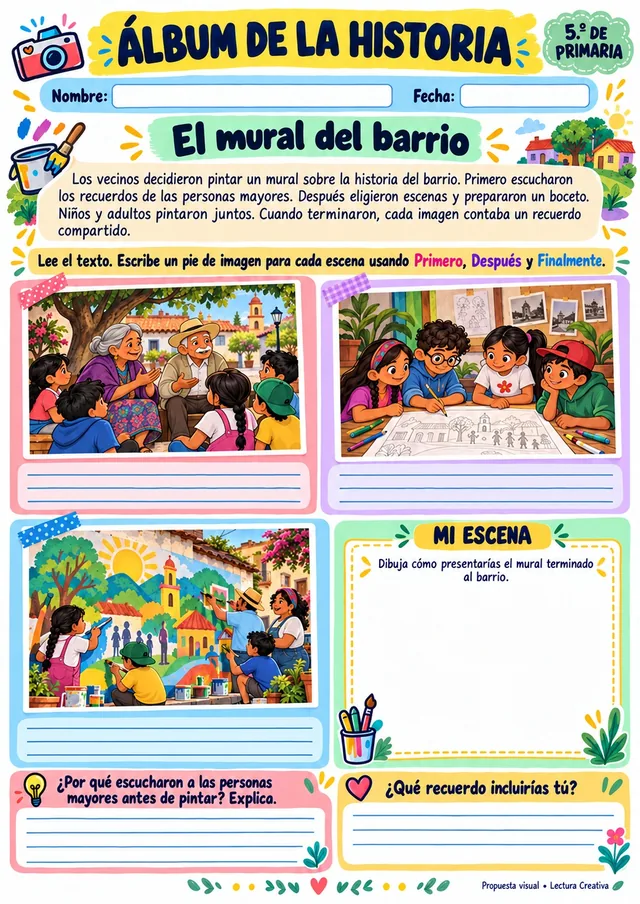Ficha de álbum de la historia para 5.º grado, “El mural del barrio”: escenas para escribir pies de imagen en orden y un espacio para dibujar una escena propia.