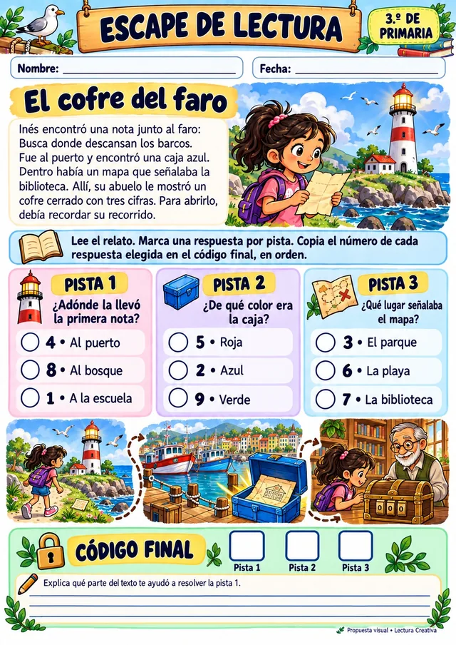Ficha de escape de lectura para 3.º grado, “El cofre del faro”: relato con tres pistas de opción múltiple que forman un código final.
