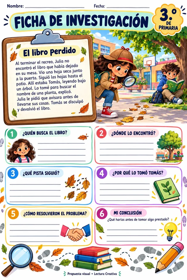 Ficha de ficha de investigación para 3.º grado, “El libro perdido”: texto en una pizarra de detective y seis preguntas para buscar pistas.